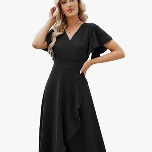 ZZV Split Elegant V Neck Wrap Ruffle Wedding Guest Dresses Black 2XL